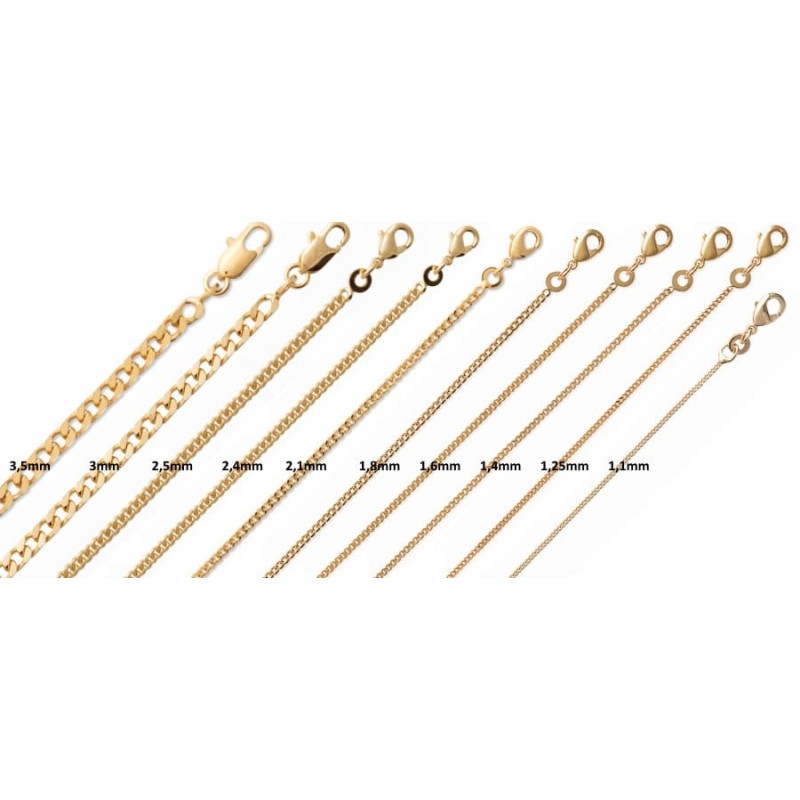 Chaîne plaqué or pour pendentif, Maille Gourmette, 10 largeurs, homme, femme, enfant, bébé