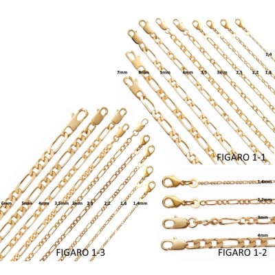 Chaîne Figaro Plaqué or, homme, femme,enfant - 21 tailles au choix