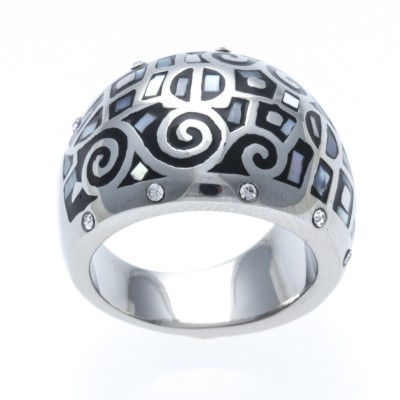 Grosse bague de créateur noire en acier, émail et nacre - Odena