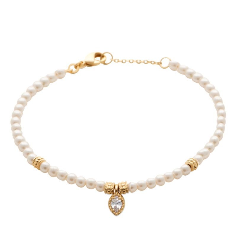 Bracelet de perles blanches, zircon et plaqué or pour femme