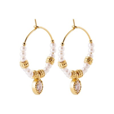 anneaux créoles plaqué or, perles blanches et zircon navette