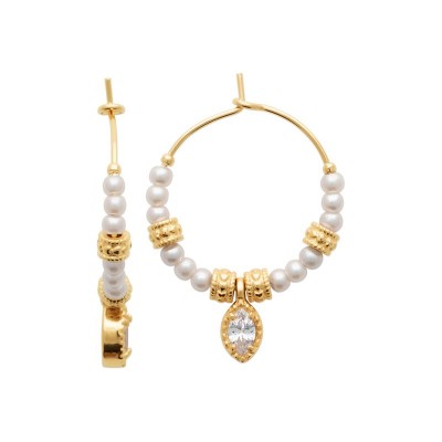 créoles plaqué or, perles blanches et zircon navette