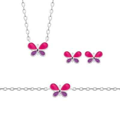 Boucles d'oreilles, collier, bracelet papillon rose pour fillette en argent rhodié 925