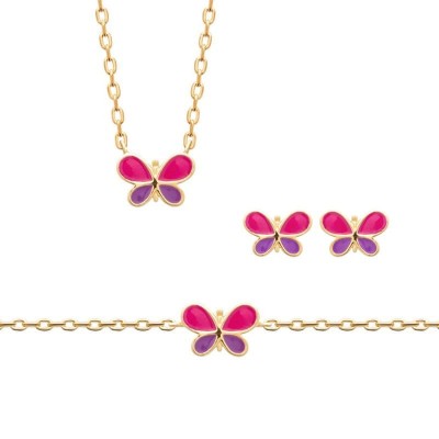 Boucles d'oreilles, collier, bracelet papillon rose pour fillette en plaqué or