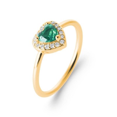 Bague femme, plaqué or, coeur d'émeraude verte synthétique