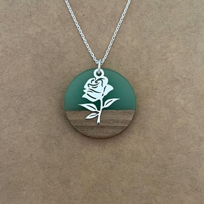 Collier femme, rose argent 925, bois et résine noire - Marque cabaneTchanquée