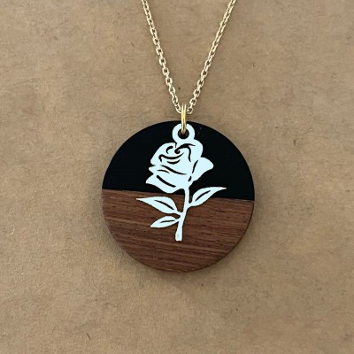 Collier femme, rose argent 925, bois et résine blanche - Marque cabaneTchanquée