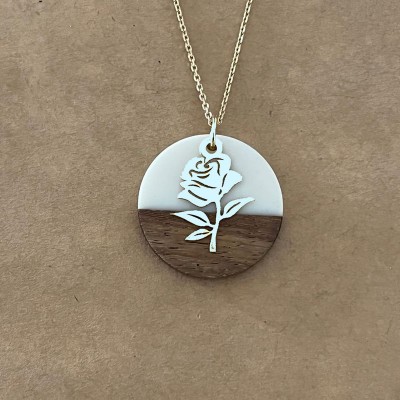 Collier femme, rose argent 925, bois et résine bleu clair - Marque cabaneTchanquée