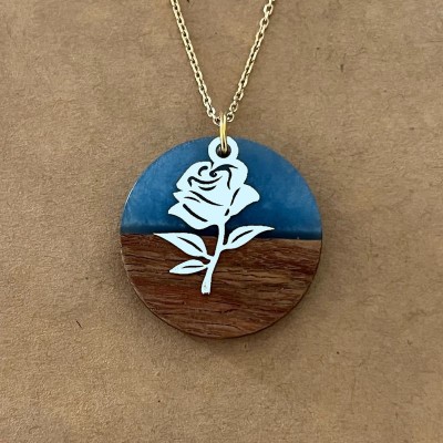 Collier femme, rose argent 925, bois et résine bleu foncé - Marque cabaneTchanquée