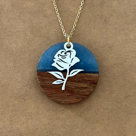 Collier femme, rose argent 925, bois et résine bleu foncé - Marque cabaneTchanquée