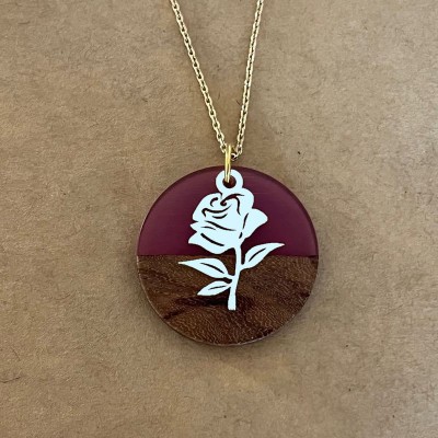 Collier femme, rose argent 925, bois et résine orange - Marque cabaneTchanquée