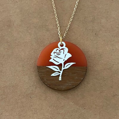 Collier femme, rose argent 925, bois et résine rouge - Marque cabaneTchanquée
