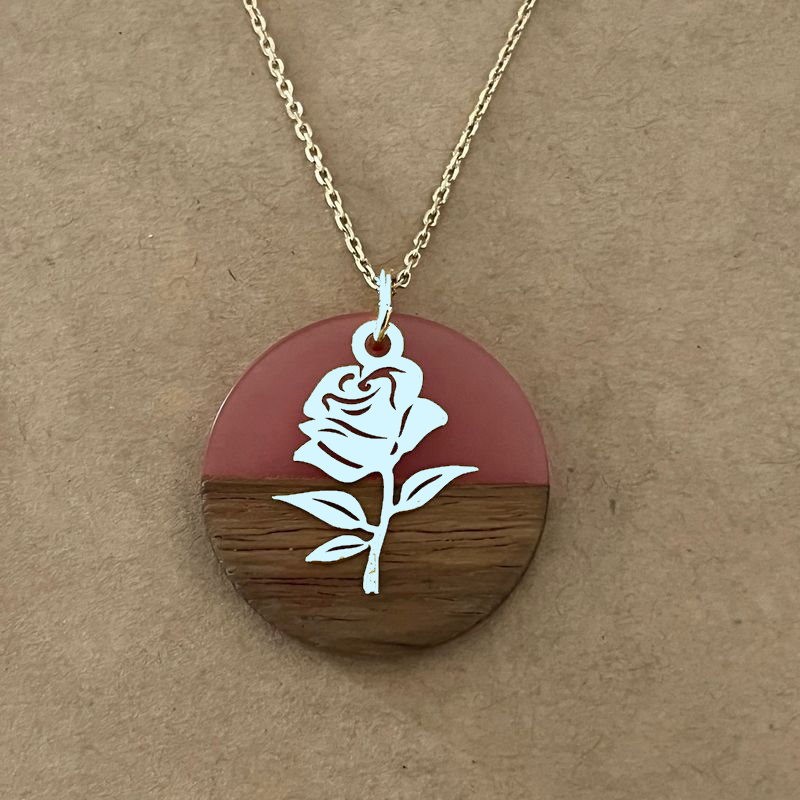 Collier femme, rose argent 925, bois et résine vert foncé - Marque cabaneTchanquée