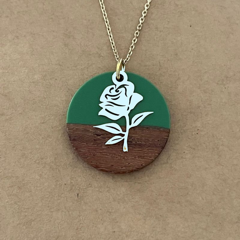 Collier femme, rose argent 925, bois et résine vert clair - Marque cabaneTchanquée