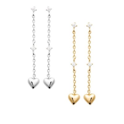Boucles d'oreilles longues, coeur en argent ou plaqué or saint valentin