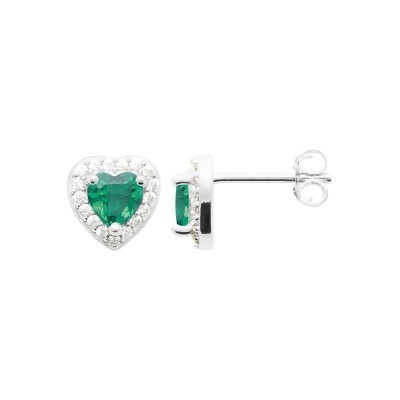 Boucles d'oreilles argent 925 pour femme coeur vert émeraude étincelant