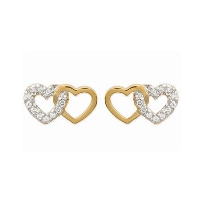 Boucles d'oreilles double coeur plaqué or et zircons brillants