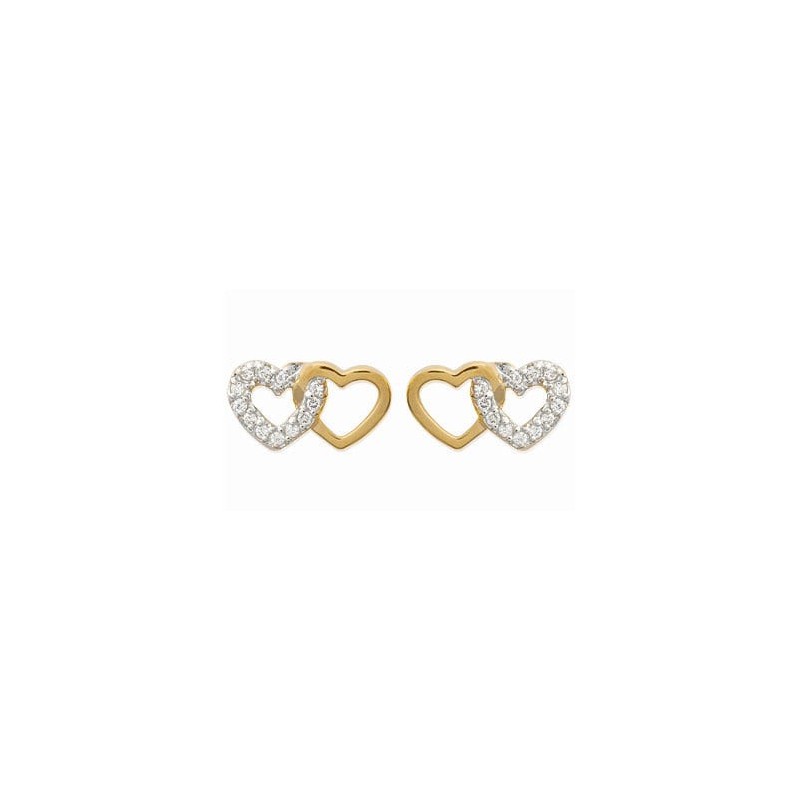 Boucles d'oreilles double coeur plaqué or et zircons brillants