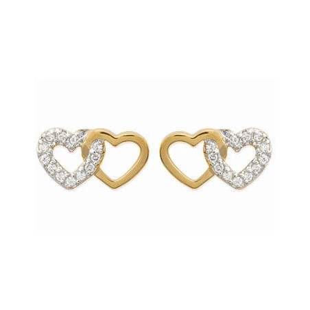 Boucles d'oreilles double coeur plaqué or et zircons brillants