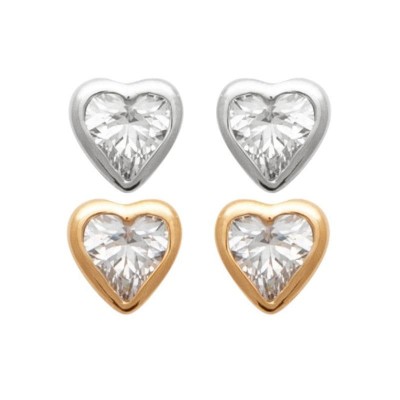 Boucles d'oreilles puces avec pierre en forme de coeur, argent et plaqué or