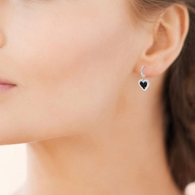 Créoles argent et coeur en pierre d'agate noire