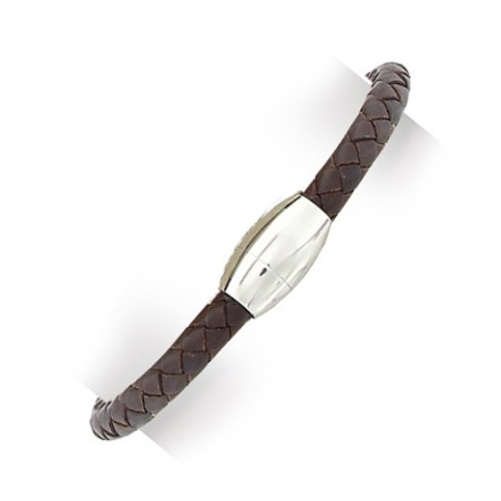 Bracelet pour homme en acier et cuir marron tressé - Vittorio