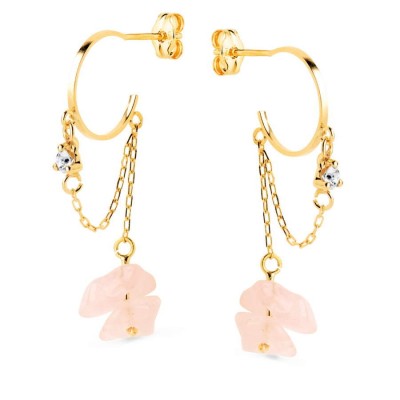 Créoles femme, or 18 carats, chaînes et quartz rose - Poésie