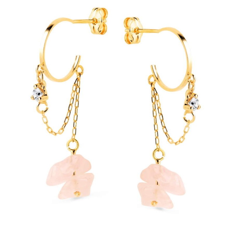Créoles femme, or 18 carats, chaînes et quartz rose - Poésie