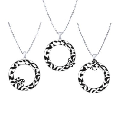 Collier acier et pendentif rond en émail blanc et noir - Marque Odena