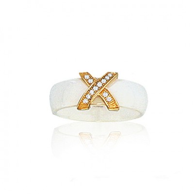 Bague céramique blanche et plaqué or jaune, croizillon de zircon pour femme - Lara