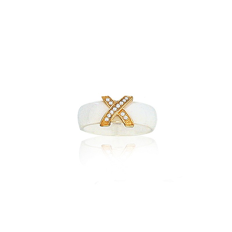 Bague céramique blanche et plaqué or jaune, croizillon de zircon pour femme - Lara
