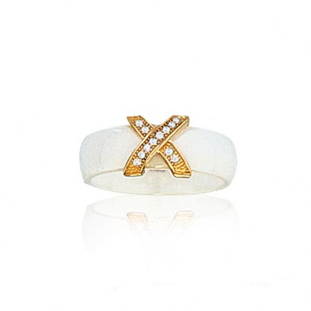 Bague céramique blanche et plaqué or jaune, croizillon de zircon pour femme - Lara