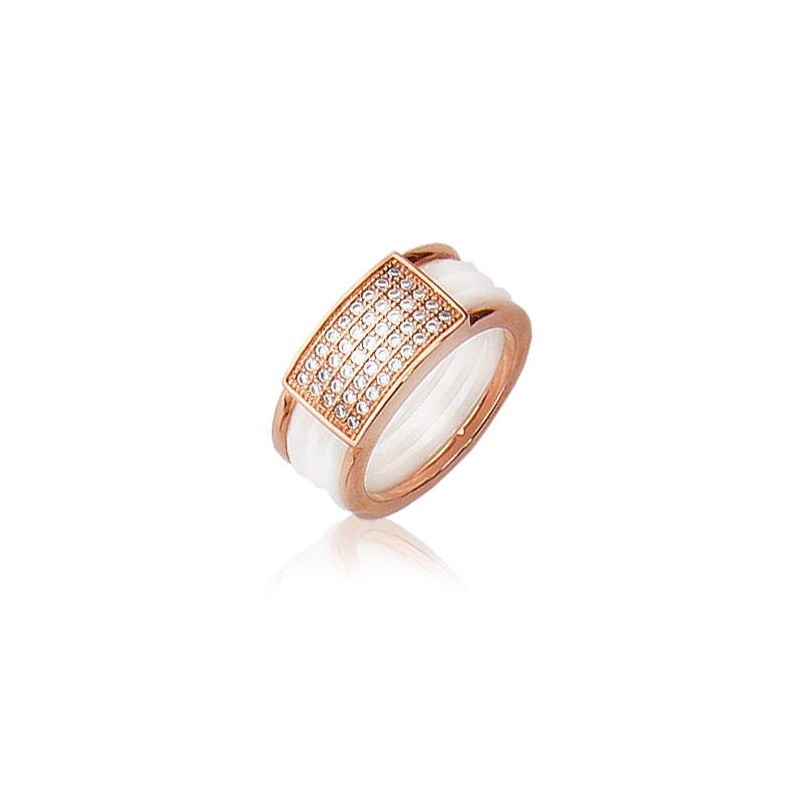 large Bague céramique blanche, argent rose et zircone - Exina