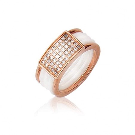 large Bague céramique blanche, argent rose et zircone - Exina