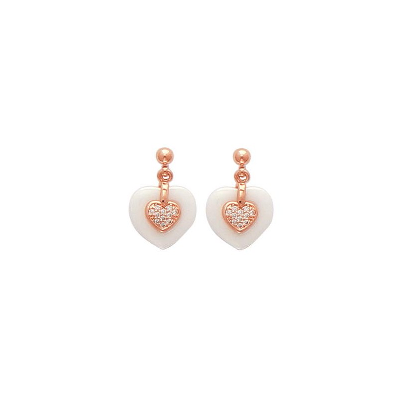 Boucles d'oreilles coeur blanc céramique, or rose, zircon - Célia