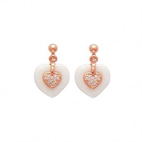 Boucles d'oreilles coeur blanc céramique, or rose, zircon - Célia