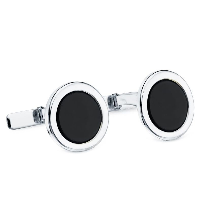 Boutons de manchette ronds - or blanc et onyx noir - Julio
