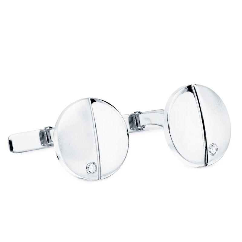 Boutons de manchette ronds - or blanc mat/brillant et zircone - Athénios