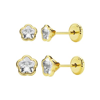 Boucles d'oreilles, or 750/1000 pour bébé, fermoir à vis, zircon - Fleur