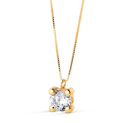 Collier femme or jaune, chaîne + pendentif solitaire en zircone 6mm