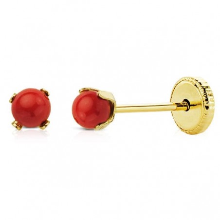 Boucles d'oreilles à visser, or 18 cts & perles de corail rouge diamètre 3mm