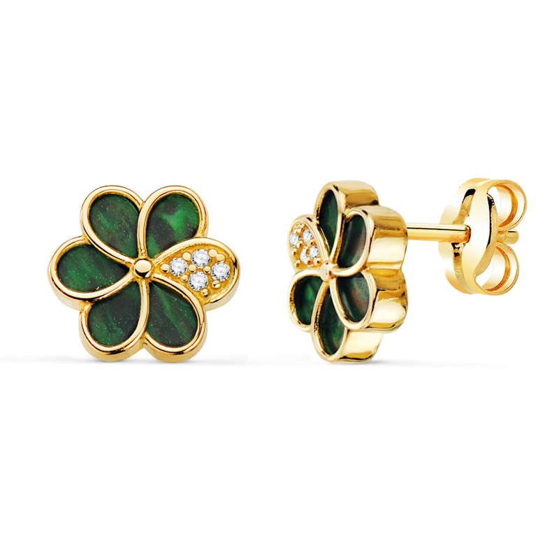 Boucles d'oreilles or jaune et fleur de malachite verte - Edwina