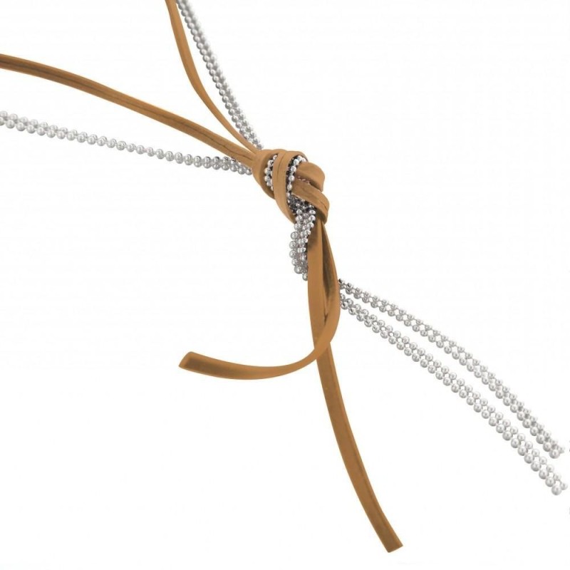 collier sautoir femme en argent, de cordon cuir beige, Noeud collier sautoir femme en argent, de cordon cuir beige, Noeud
