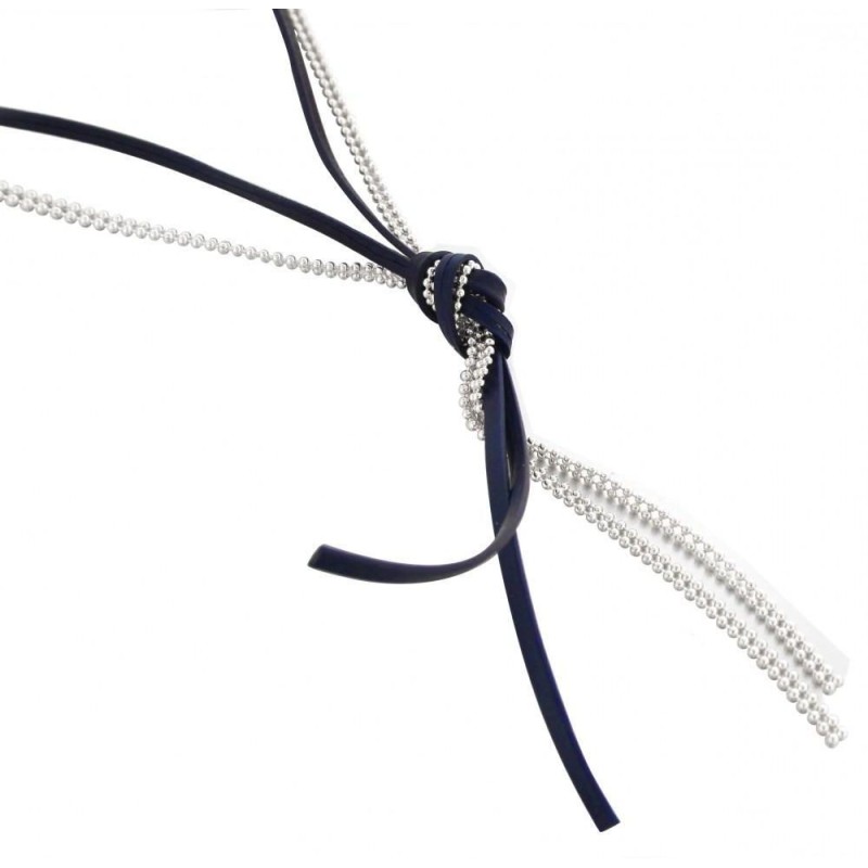 collier sautoir femme en argent, de cordon cuir bleu nuit, Noeud collier sautoir femme en argent, de cordon cuir bleu nuit, Noeud