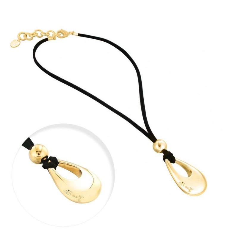 collier fantaisie en plaqué or et suédine noire, Pampille griffée collier fantaisie en plaqué or et suédine noire, Pampille griffée