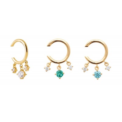 Bague d'oreille plaqué or, pendants de zircon blanc, bleu ou vert - Ondine