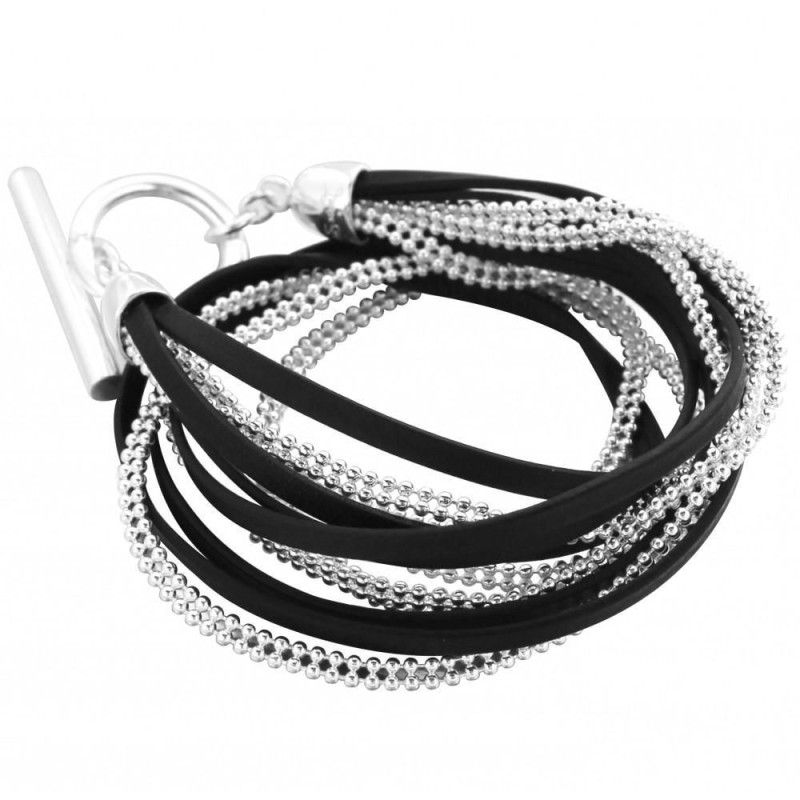 Bracelet gourmette pour femme en argent et cuir noir, Symbio Bracelet gourmette pour femme en argent et cuir noir, Symbio