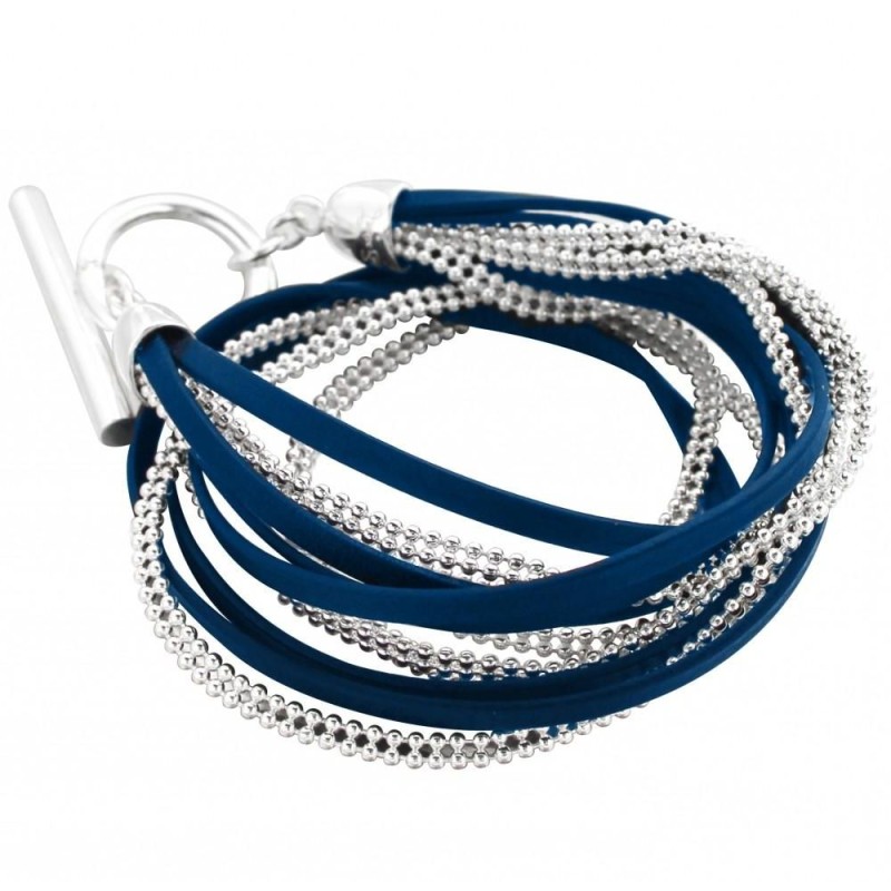 Bracelet cuir bleu foncé et argent Zoé Bijoux pour femme - Symbio - Lyn&Or Bijoux