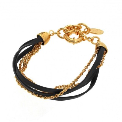 Bracelet tendance femme, finition dorée & cuir noir pour femme - Zyka - Lyn&Or Bijoux