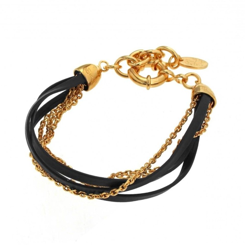 Bracelet tendance femme en plaqué or et cuir noir, création Zoé Bijoux Bracelet tendance femme en plaqué or et cuir noir, création Zoé Bijoux